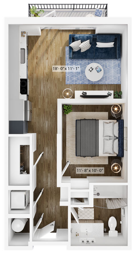 Floor plan for 1 bed, 1 bath, 585 sqft